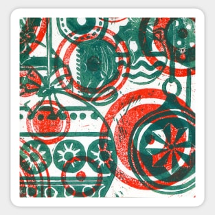 Xmas Baubles 14 -red and green  lino print Sticker